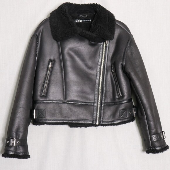 ZARA Aviator Biker Jacket Womens M Faux Leather Shearling Lined Moto Zip Black - Picture 4 of 16